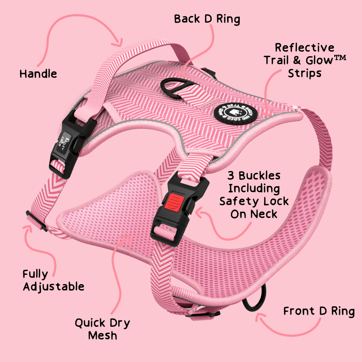 Bubblegum Pink Tweed Dog Harness - No Pull & Reflective | Trail & Glow® - Bailey and Coco (UK)