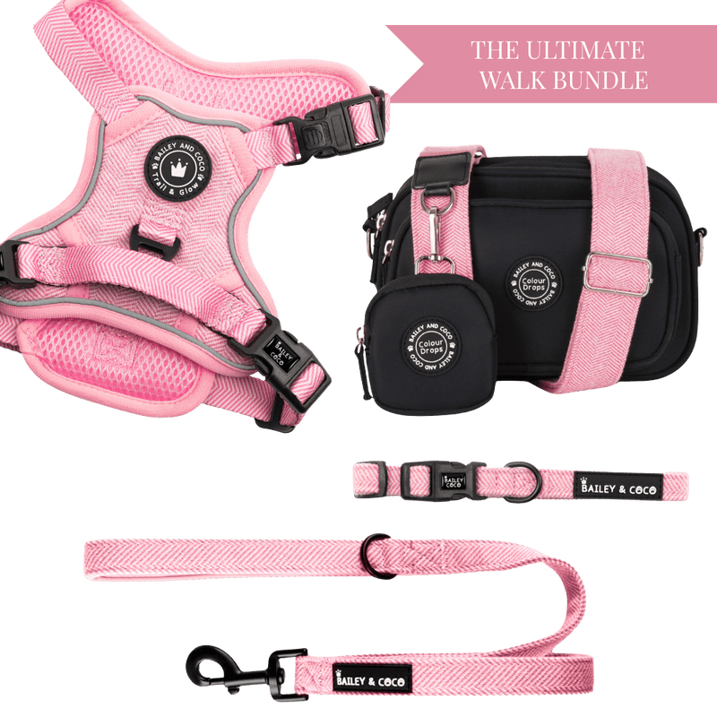 Bubblegum Tweed Adjustable Dog Harness, Lead, Collar & Dog Walking Bag Bundle - Bailey and Coco (UK)