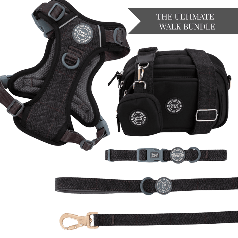 Charcoal Tweed Adjustable Dog Harness, Lead, Collar & Dog Walking Bag Bundle - Bailey and Coco (UK)