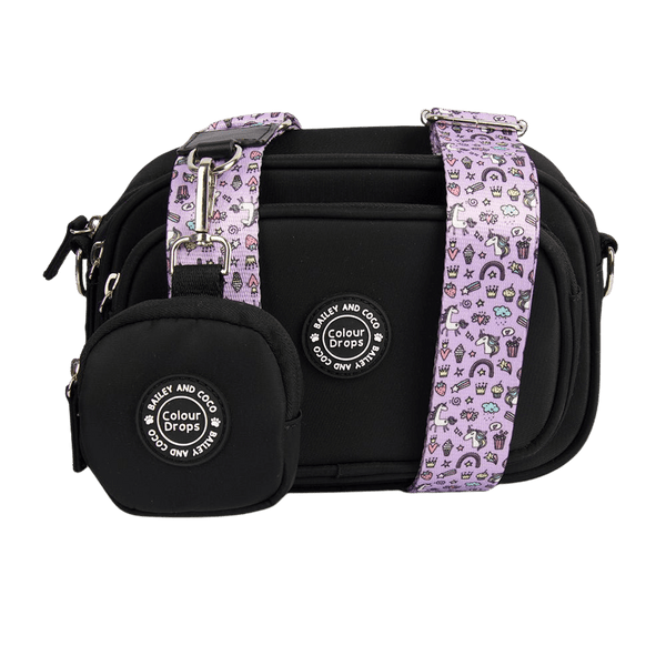 Dog Walking Bag - Black with Be Unique Unicorn Strap - Bailey and Coco (UK)