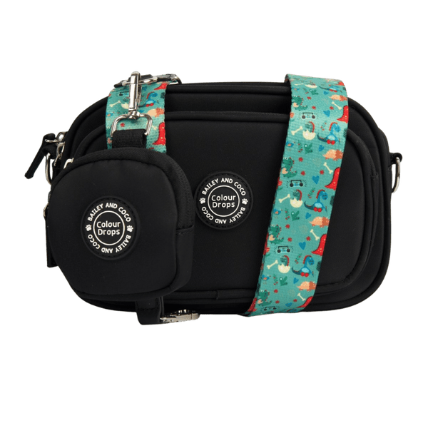 Dog Walking Bag - Black with Dino Party Strap - Bailey and Coco (UK)