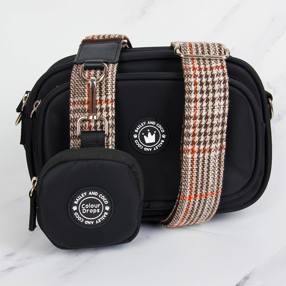 Dog Walking Bag - Black with Heritage Plaid Strap - Bailey and Coco (UK)