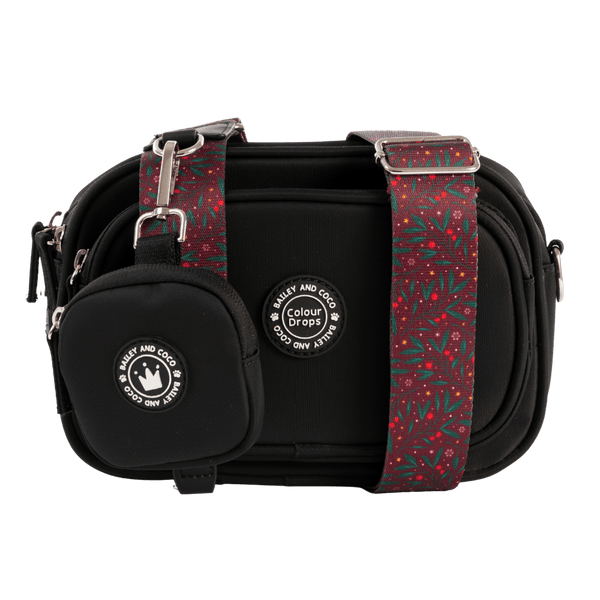 Dog Walking Bag - Black with Jingle Berry Strap - Bailey and Coco (UK)