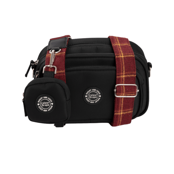 Dog Walking Bag - Black with Mulberry Plaid Strap - Bailey and Coco (UK)