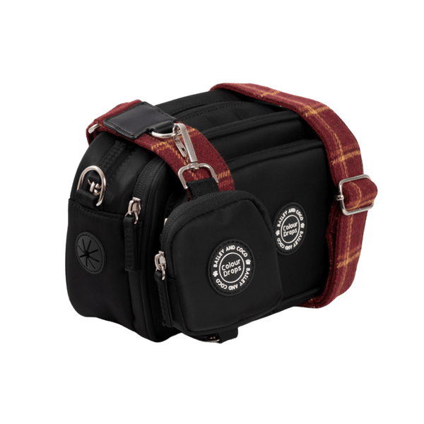 Dog Walking Bag - Black with Mulberry Plaid Strap - alternate view