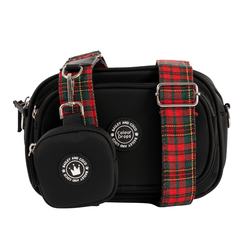 Dog Walking Bag - Black with Red Highland Tartan Strap - Bailey and Coco (UK)