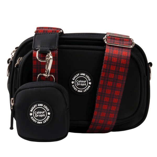 Dog Walking Bag - Black with Red Tartan Strap - Bailey and Coco (UK)