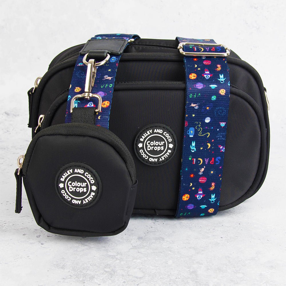 Dog Walking Bag - Black with Space Paws Strap - Bailey and Coco (UK)