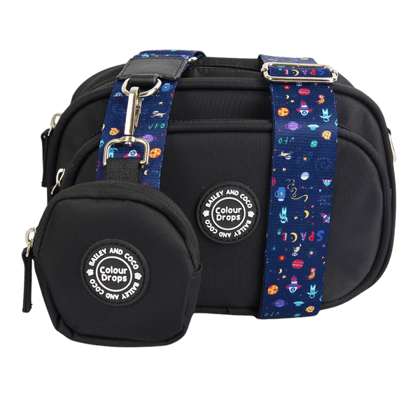 Dog Walking Bag - Black with Space Paws Strap - Bailey and Coco (UK)