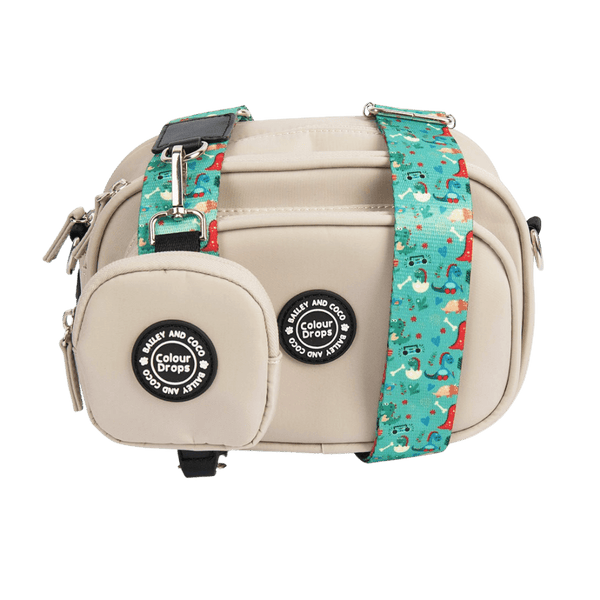 Dog Walking Bag - Latte with Dino Party Strap - Bailey and Coco (UK)