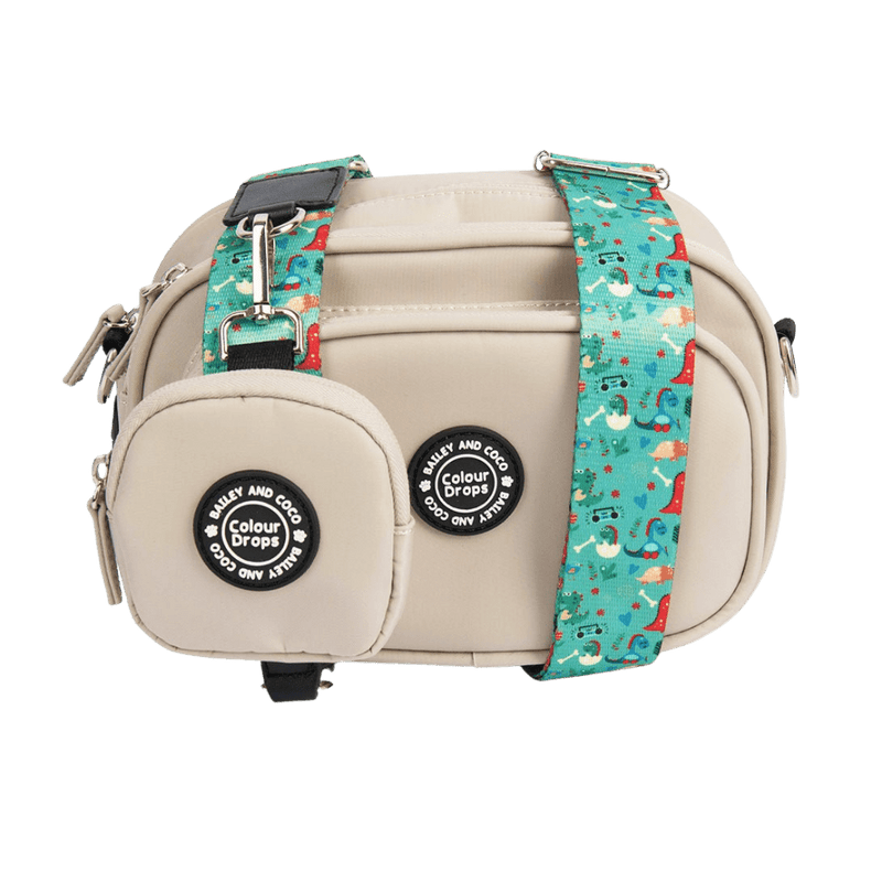 Dog Walking Bag - Latte with Dino Party Strap - Bailey and Coco (UK)