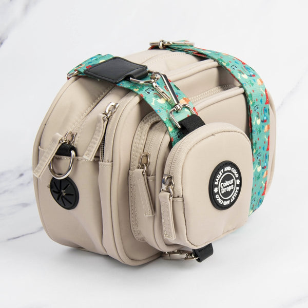 Dog Walking Bag - Latte with Dino Party Strap - Bailey and Coco (UK)