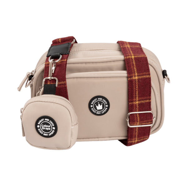 Dog Walking Bag - Latte with Mulberry Plaid Strap - Bailey and Coco (UK)
