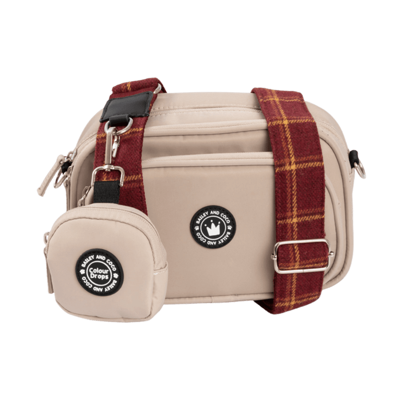 Dog Walking Bag - Latte with Mulberry Plaid Strap - Bailey and Coco (UK)