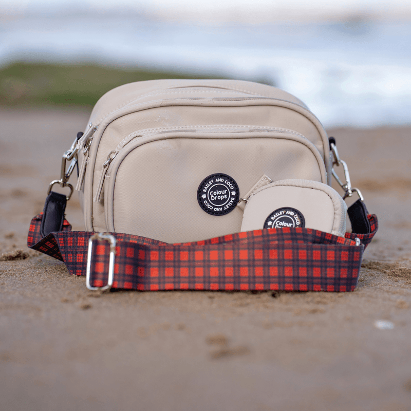 Dog Walking Bag - Latte with Red Tartan Strap - Bailey and Coco (UK)