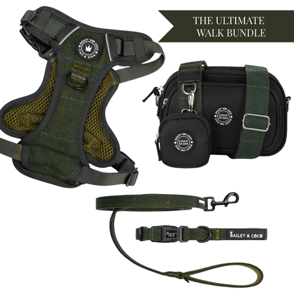 Forest Tweed Adjustable Dog Harness, Lead, Collar & Dog Walking Bag Bundle - Bailey and Coco (UK)