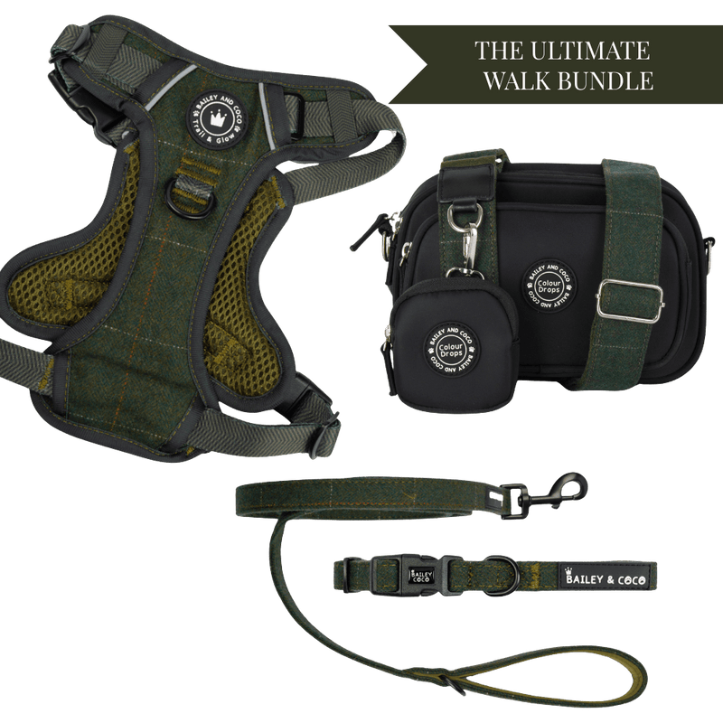 Forest Tweed Adjustable Dog Harness, Lead, Collar & Dog Walking Bag Bundle - Bailey and Coco (UK)