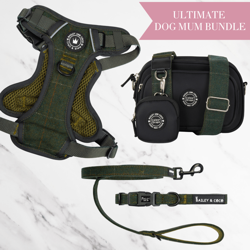 Forest Tweed Adjustable Dog Harness, Lead, Collar & Dog Walking Bag Bundle - Bailey and Coco (UK)