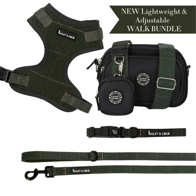 Forest Tweed - Colour Drops - Lightweight & Adjustable Dog Harness, Lead, Collar & Dog Walking Bag Bundle - Bailey and Coco (UK)