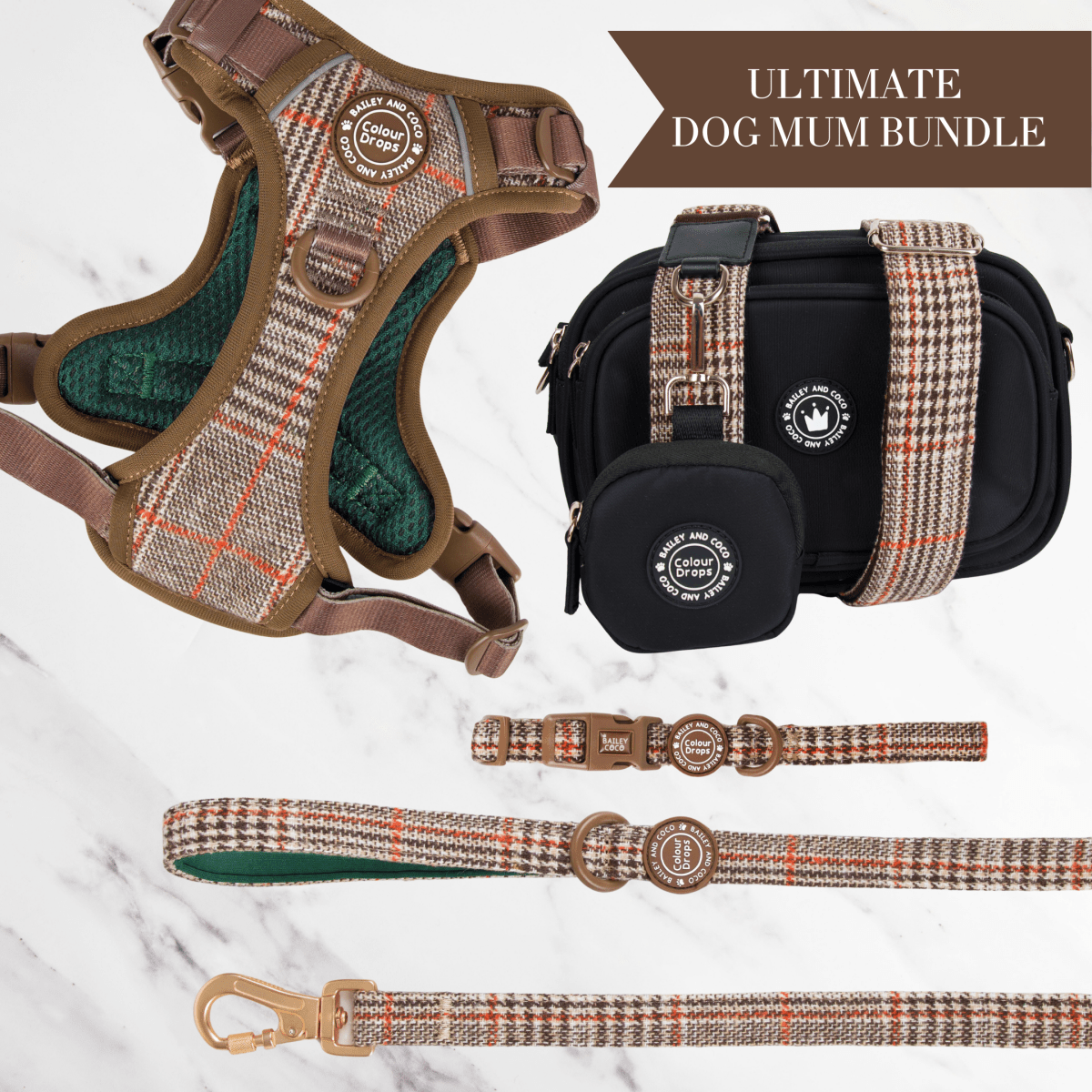 Heritage Plaid Adjustable Dog Harness, Lead, Collar & Black Dog Walking Bag Bundle - Bailey and Coco (UK)