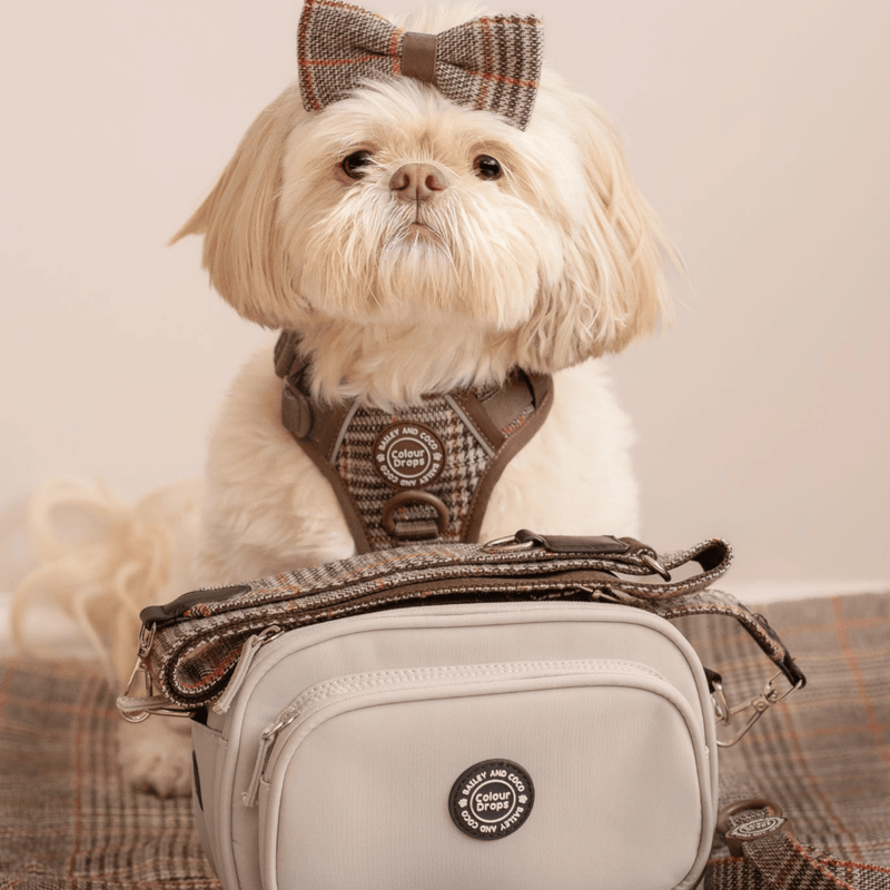 Heritage Plaid Adjustable Dog Harness, Lead, Collar & Latte Dog Walking Bag Bundle - Bailey and Coco (UK)