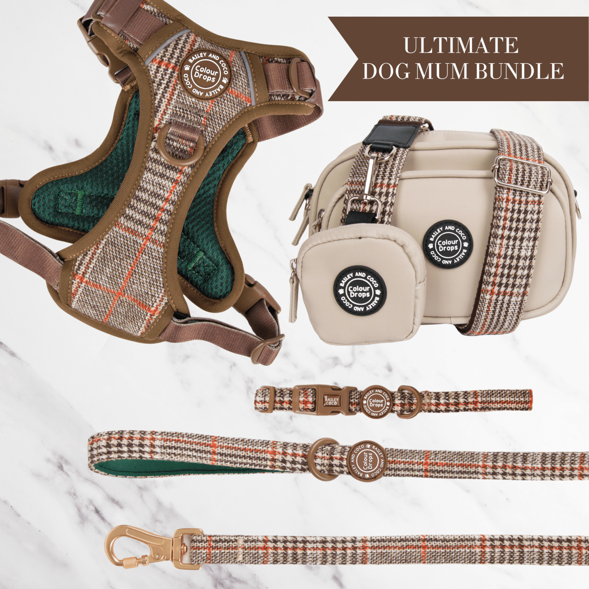 Heritage Plaid Adjustable Dog Harness, Lead, Collar & Latte Dog Walking Bag Bundle - Bailey and Coco (UK)