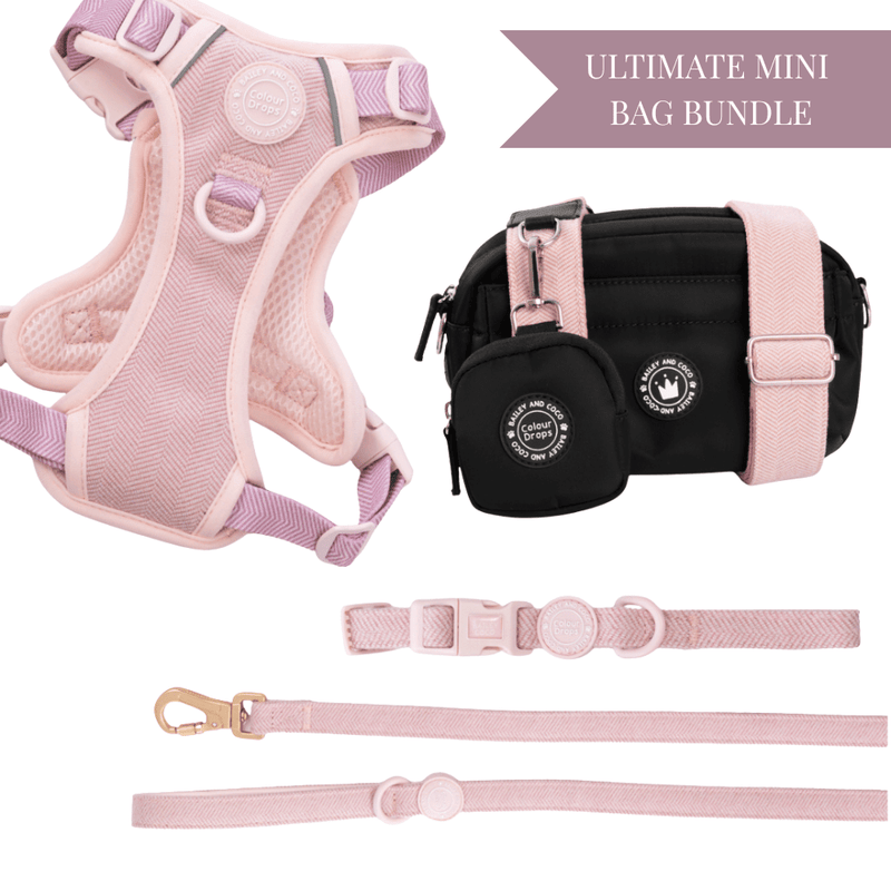 Lavender Tweed - Colour Drops - Adjustable Dog Harness, Lead, Collar & Mini Black Dog Walking Bag Bundle - Bailey and Coco (UK)