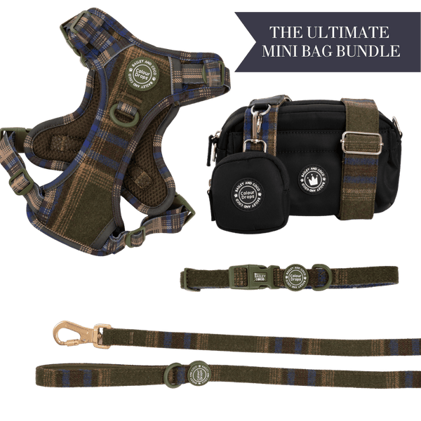 Mayfair Tweed - Colour Drops - Adjustable Dog Harness, Lead, Collar & Mini Black Dog Walking Bag Bundle - Bailey and Coco (UK)