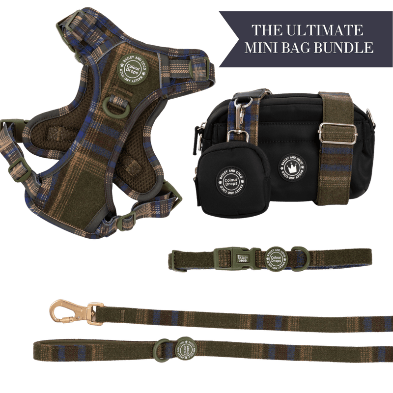 Mayfair Tweed - Colour Drops - Adjustable Dog Harness, Lead, Collar & Mini Black Dog Walking Bag Bundle - Bailey and Coco (UK)
