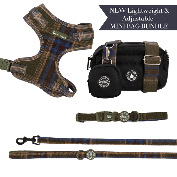 Mayfair Tweed - Colour Drops - Lightweight & Adjustable Dog Harness, Lead, Collar & Mini Black Dog Walking Bag Bundle - Bailey and Coco (UK)