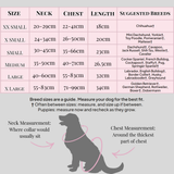 Trail & Glow harness size chart, XXS to XL, with suggested breeds - Bailey and Coco (UK)