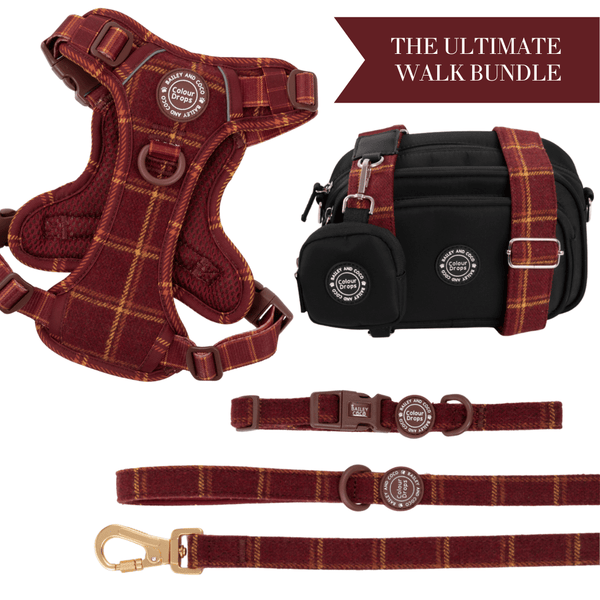Mulberry Plaid Adjustable Dog Harness, Lead, Collar & Dog Walking Bag Bundle - Bailey and Coco (UK)