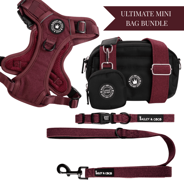 Mulberry Tweed - Colour Drops - Adjustable Dog Harness, Lead, Collar & Mini Black Dog Walking Bag Bundle - Bailey and Coco (UK)