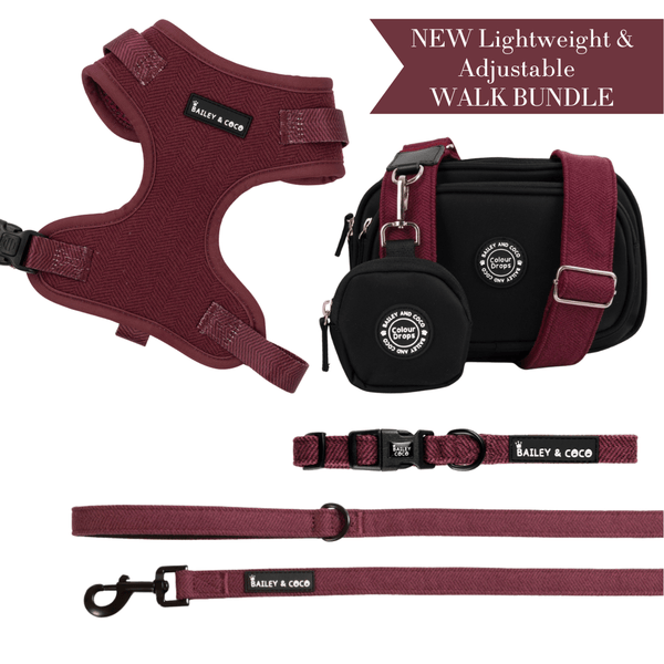 Mulberry Tweed - Colour Drops - Lightweight & Adjustable Dog Harness, Lead, Collar & Dog Walking Bag Bundle - Bailey and Coco (UK)
