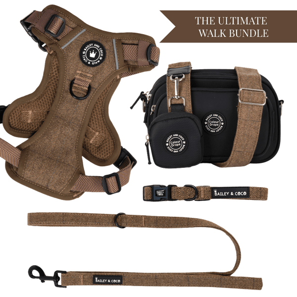 Oxford Tweed Adjustable Dog Harness, Lead, Collar & Dog Walking Bag Bundle - Bailey and Coco (UK)