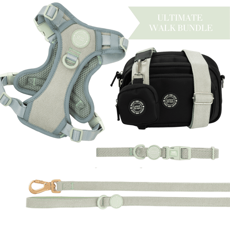 Sage Tweed Adjustable Dog Harness, Lead, Collar & Dog Walking Bag Bundle - Bailey and Coco (UK)
