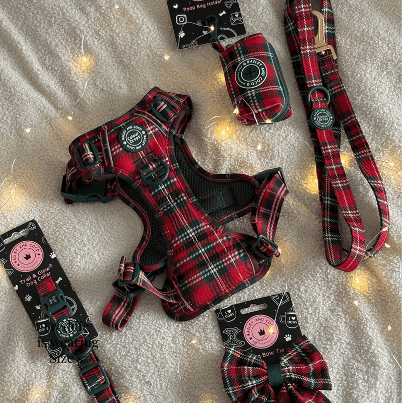 Trail & Glow - Dog Harness Bundle Set - Colour Drops - Red Highland Tartan - Bailey and Coco (UK)