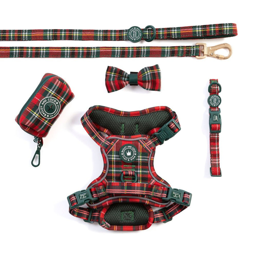 Trail & Glow - Dog Harness Bundle Set - Colour Drops - Red Highland Tartan