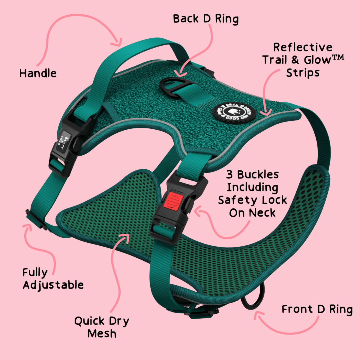 Trail & Glow® Dog Harness - Emerald Teddy - Bailey and Coco (UK)