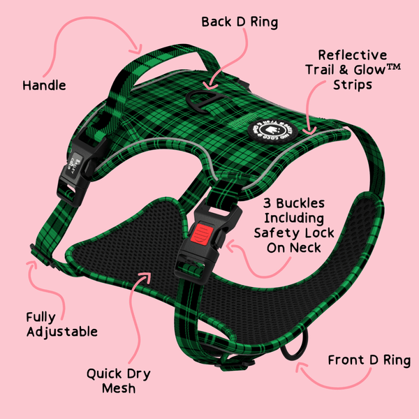 Trail & Glow® Dog Harness - Tartan Green - alternate view