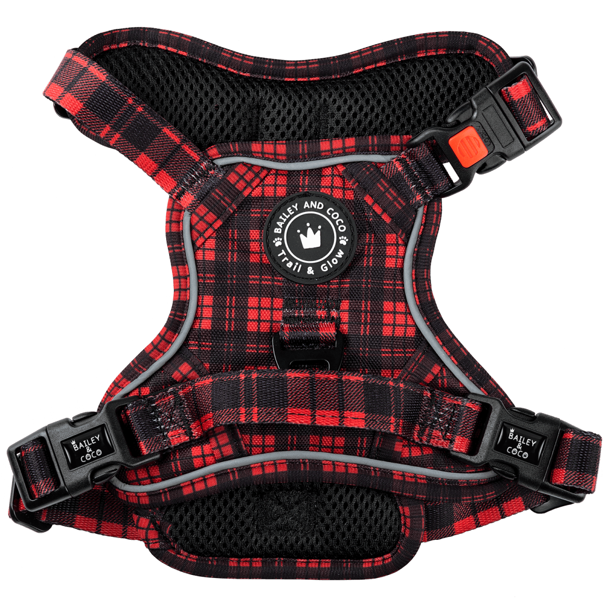 Red tartan dog harness – adjustable, no-pull, breathable design by Bailey & Coco