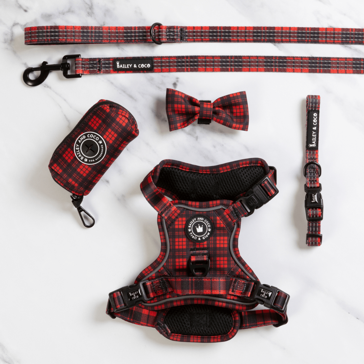 Trail & Glow® Harness Bundle Set - The Red Tartan One - Bailey and Coco (UK)