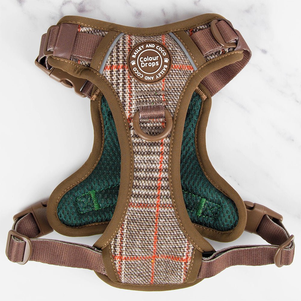 Trail & Glow Tweed Dog Harness - Colour Drops - Heritage Plaid - Bailey and Coco (UK)