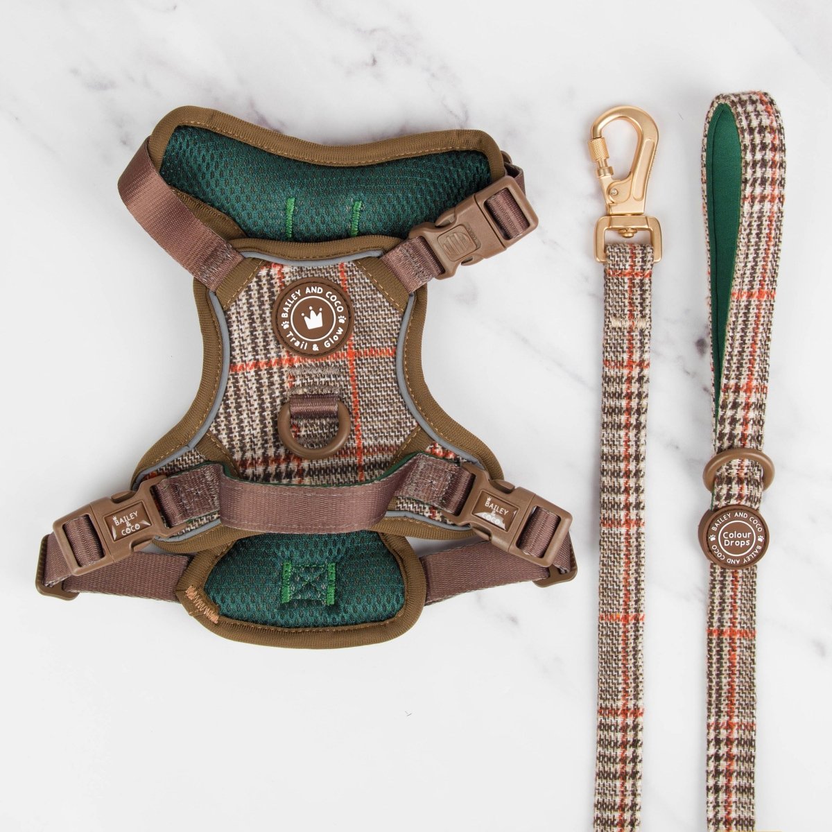 Trail & Glow Tweed Dog Harness & Lead Set - Colour Drops - Heritage Plaid - Bailey and Coco (UK)