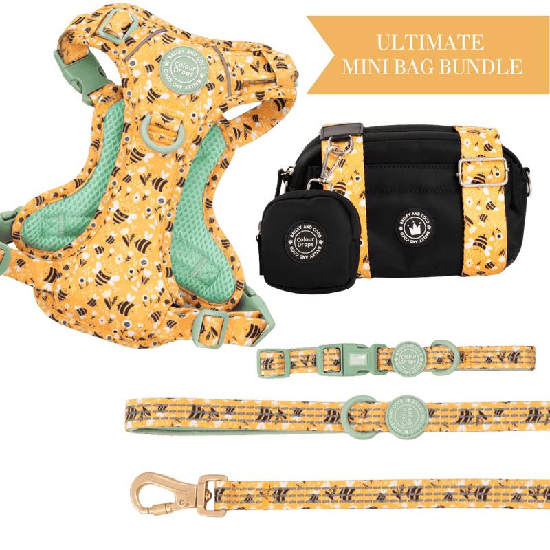 Wanna - Bee Colour Drops - Adjustable Dog Harness, Lead, Collar & Mini Black Dog Walking Bag Bundle - Bailey and Coco (UK)