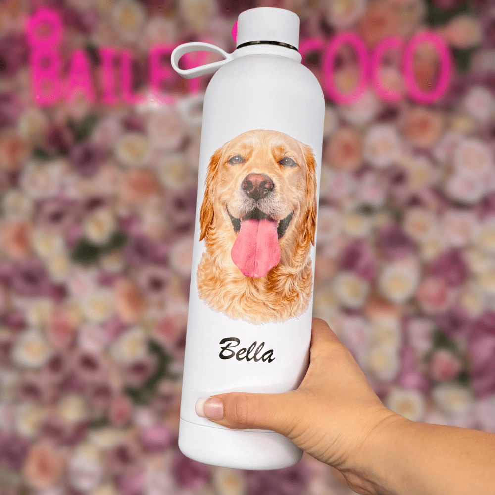 Personalised dog water bottle with custom portrait illustration