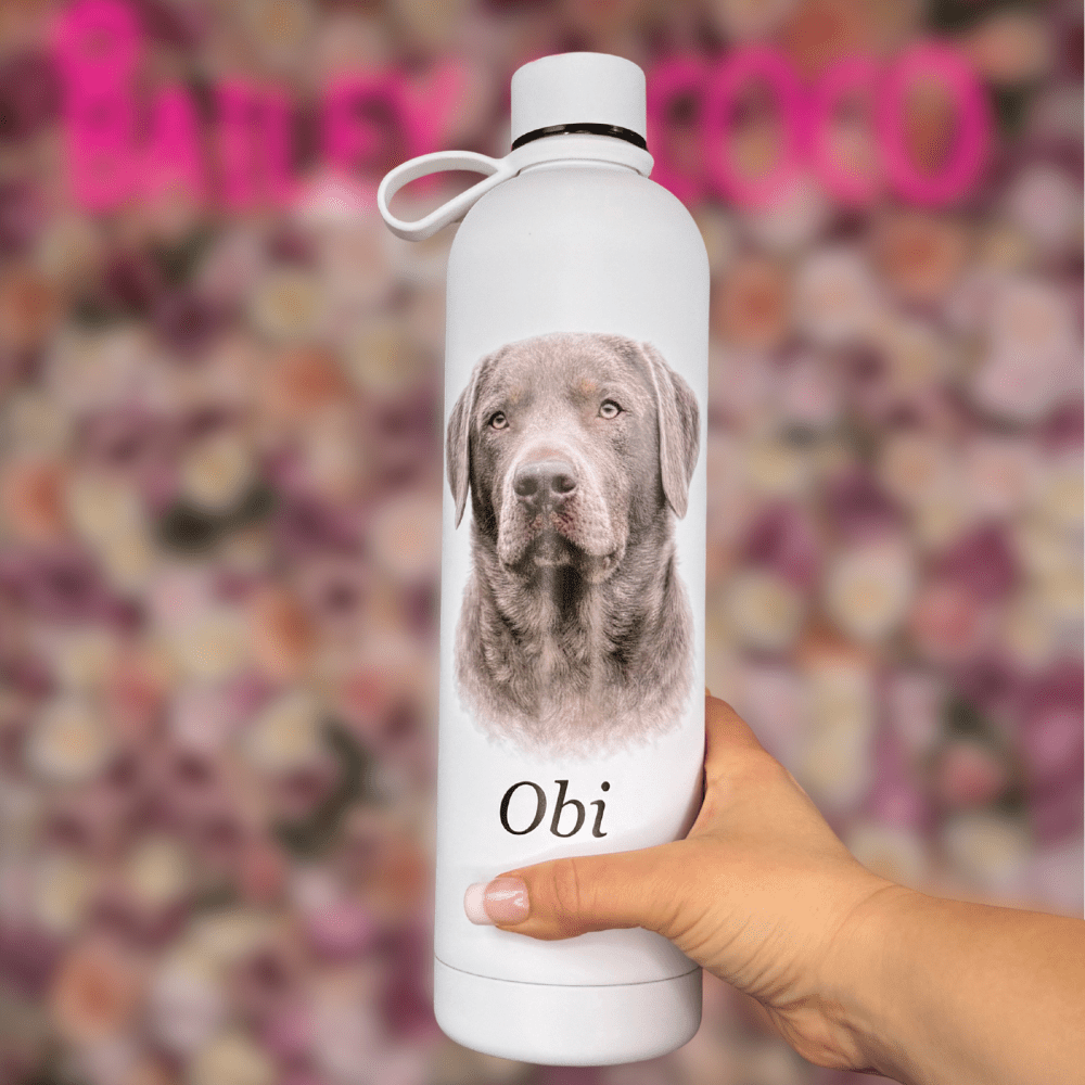 Personalised water bottles for different dog breeds and sizes