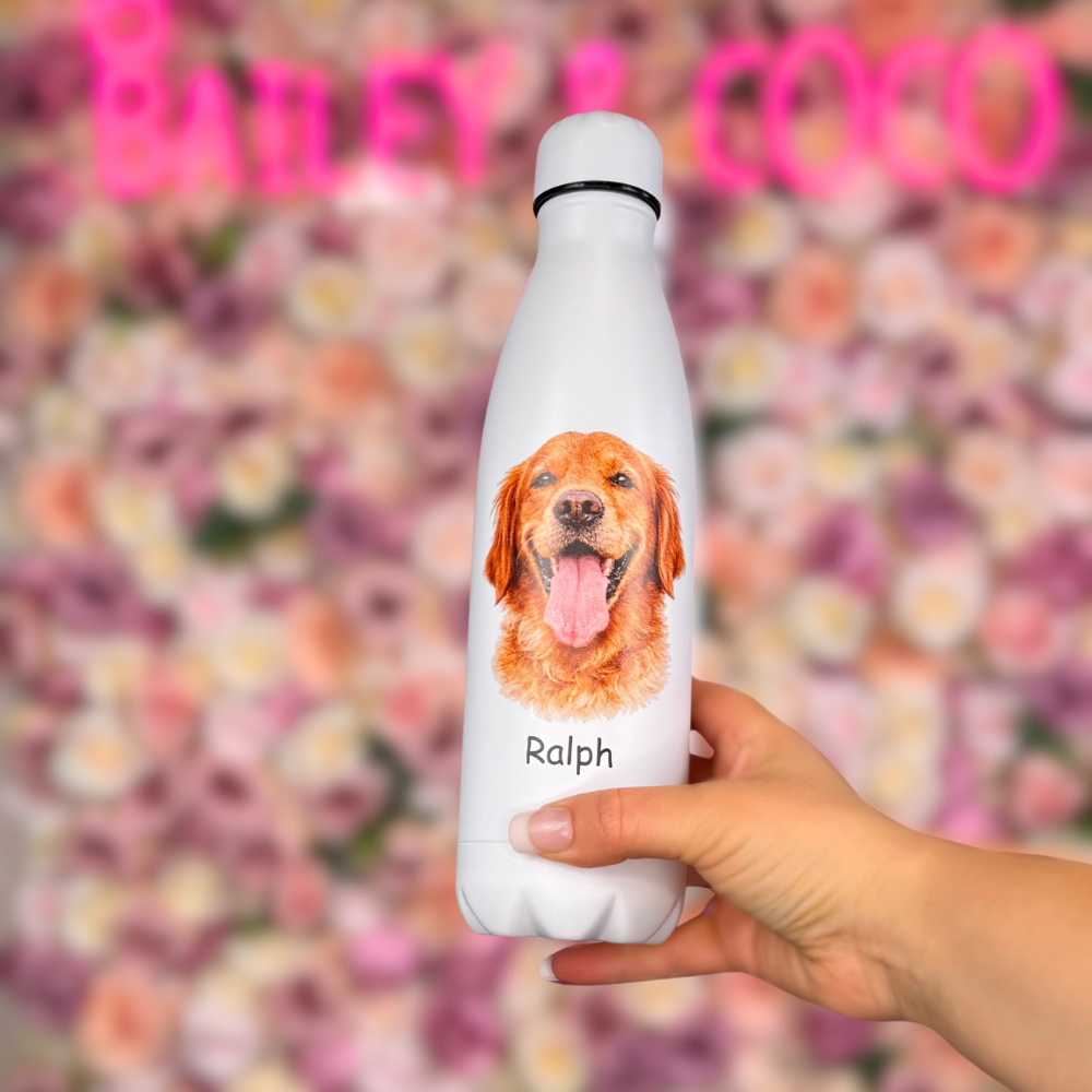500ml and 1L personalised dog water bottles side by side