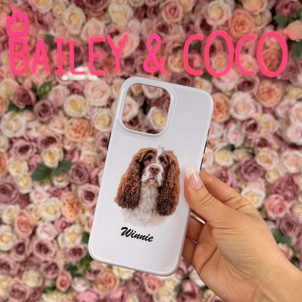 Personalised dog phone case paired with a water bottle for a matching set