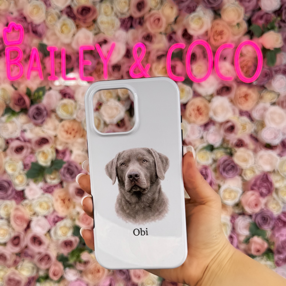 Personalised dog phone case matching a water bottle for daily use